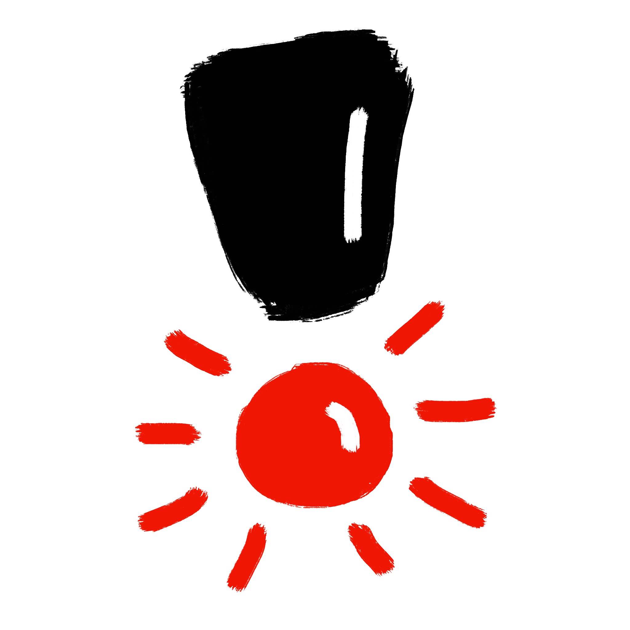 Action alert symbol: exlcamation point with the point at a red alarm