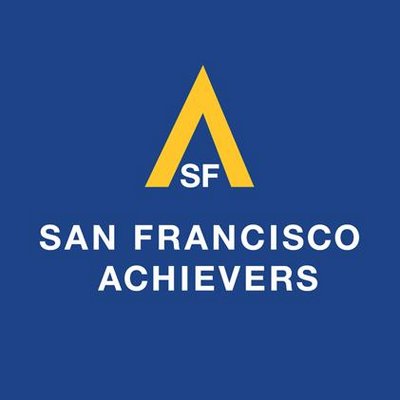 The SF Acheivers Logo - blue background, yellow roof symbol over SF, text in white,
