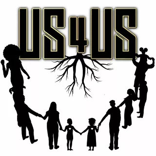 Us4Us Logo with roots growing from text, and silhouettes of different people holding hands under the text and roots. 